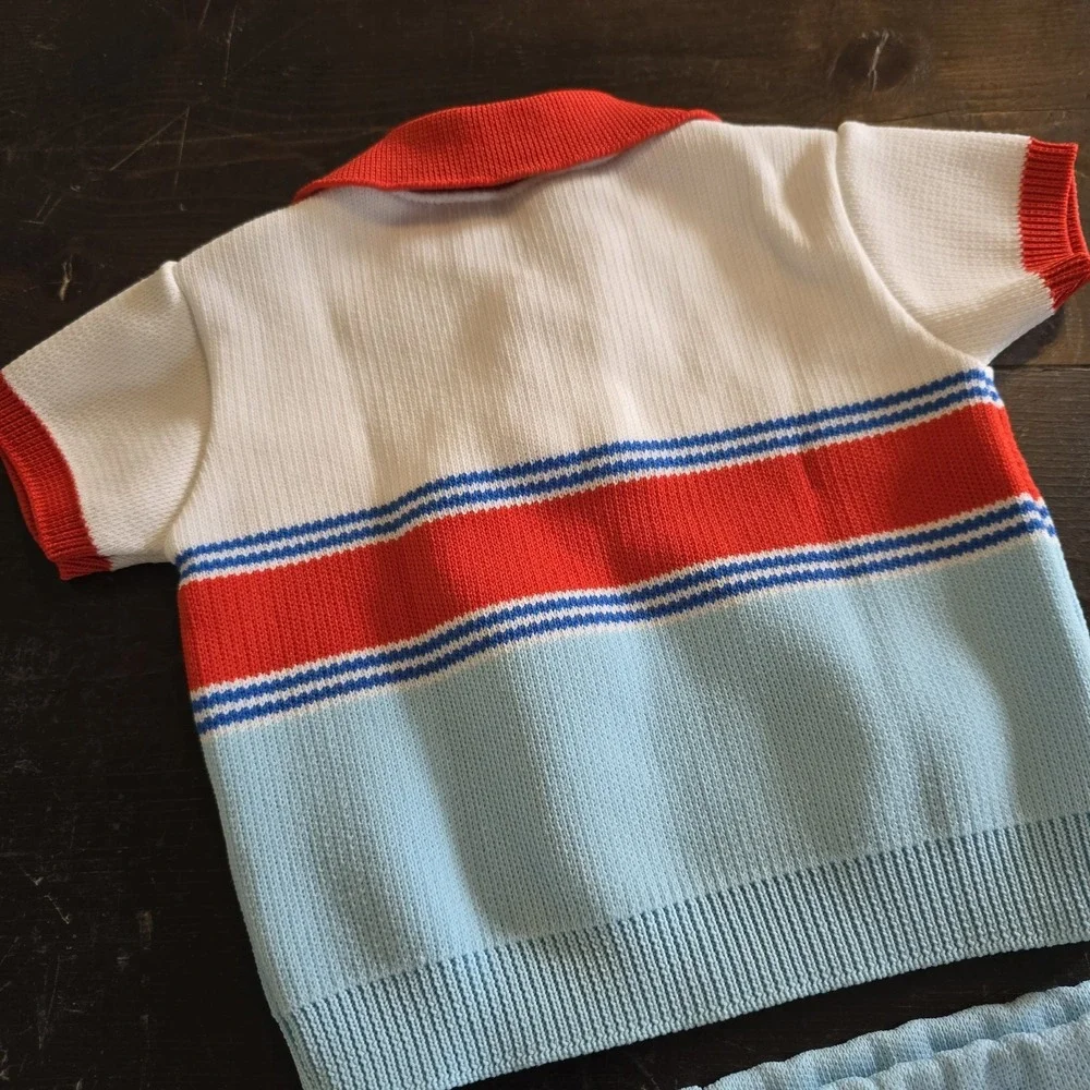Vintage 60s Toddler Knit Outfit Size One / 12 Mo Sweater Shorts Blue Red‎ Stripe